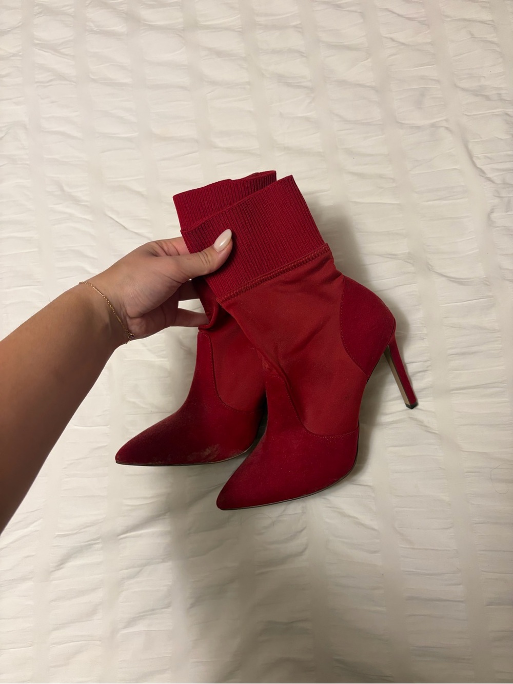Red Pointed-Toe Sock Booties - Women's High Heel Ankle Boots